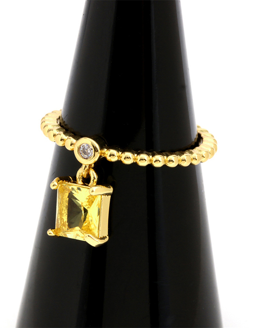 Fashion Yellow Zirconium Square Brass Gold Plated Beaded Square Zirconium Open Ring