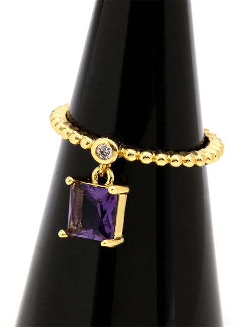 Fashion Purple Zirconium Square Brass Gold Plated Beaded Square Zirconium Open Ring