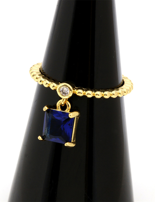 Fashion Blue Zirconium Square Brass Gold Plated Beaded Square Zirconium Open Ring