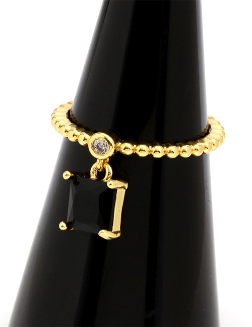 Fashion Black Zirconium Square Brass Gold Plated Beaded Square Zirconium Open Ring