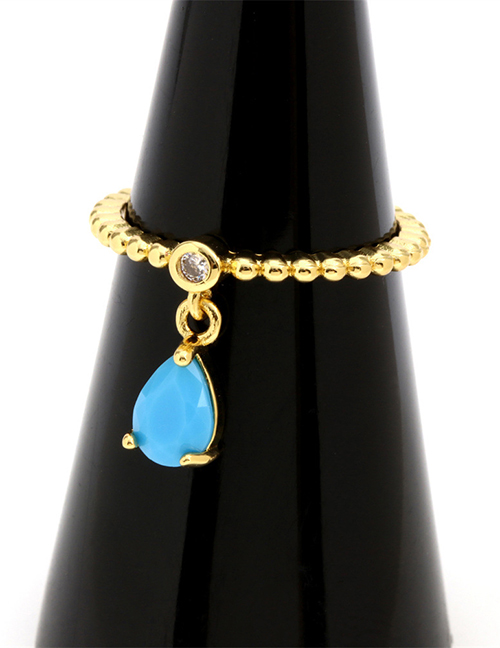 Fashion Blue Pine Water Droplets Brass Gold Plated Beaded Drop Open Ring