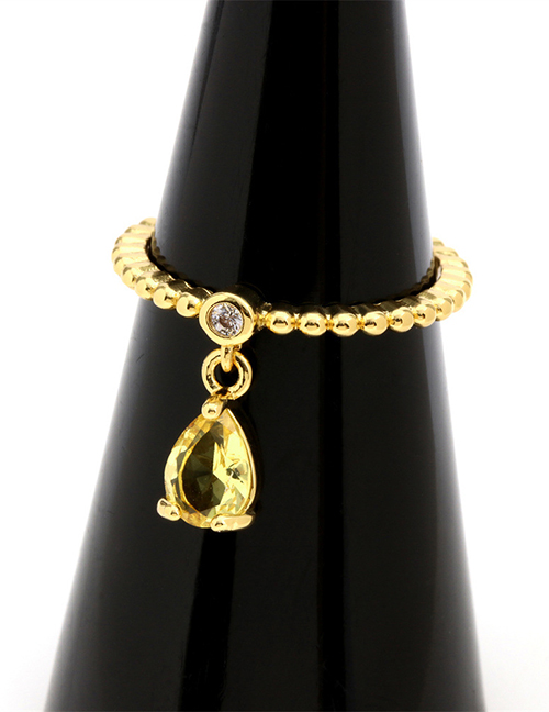 Fashion Yellow Zirconium Water Droplets Brass Gold Plated Beaded Drop Open Ring