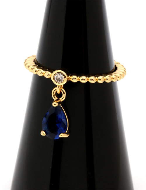 Fashion Blue Zirconium Water Droplets Brass Gold Plated Beaded Drop Open Ring