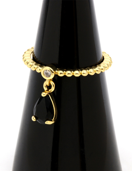 Fashion Black Zirconium Water Droplets Brass Gold Plated Beaded Drop Open Ring