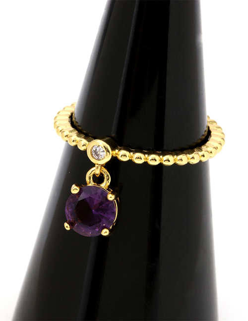 Fashion Purple Zirconium Round Brass Gold Plated Beaded Round Zirconium Open Ring
