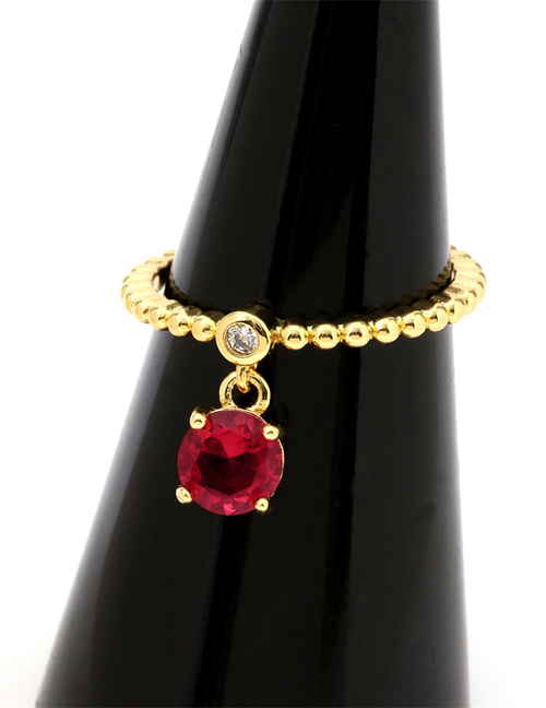 Fashion Rose Red Round Brass Gold Plated Beaded Round Zirconium Open Ring