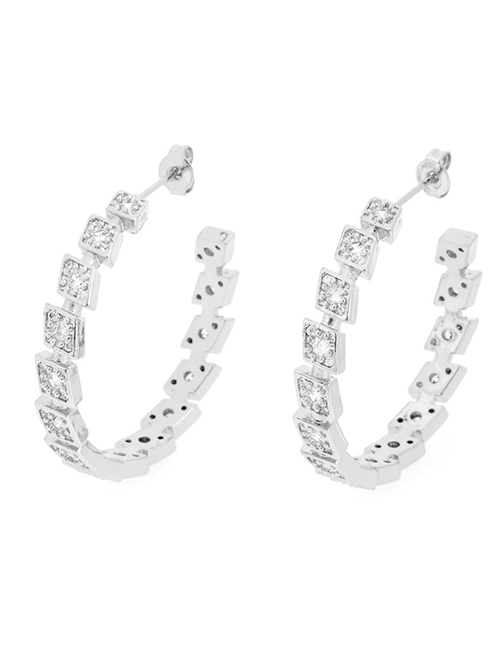 Fashion Silver Brass-set Zirconium Diamond C-shaped Earrings