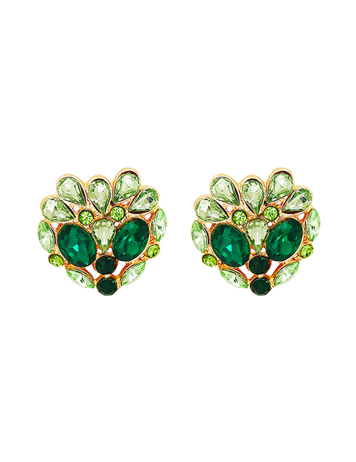 Fashion Green Alloy Diamond Geometric Heart Stud Earrings