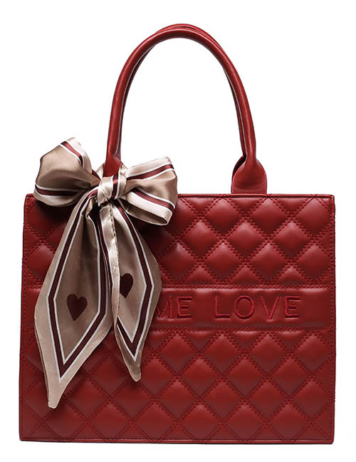 Fashion Red Pu Rhombus Large Capacity Handbag