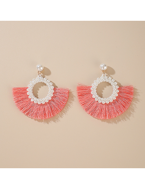 Fashion Pink Alloy Geometric Scalloped Tassel Pearl Stud Earrings