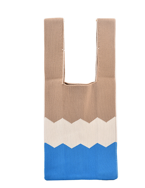 Fashion Blue Woolen Colorblock Knitted Tote Bag