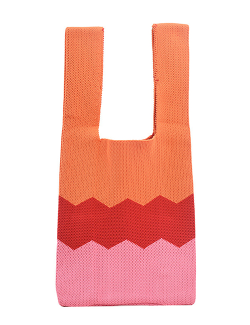Fashion Pink Woolen Colorblock Knitted Tote Bag
