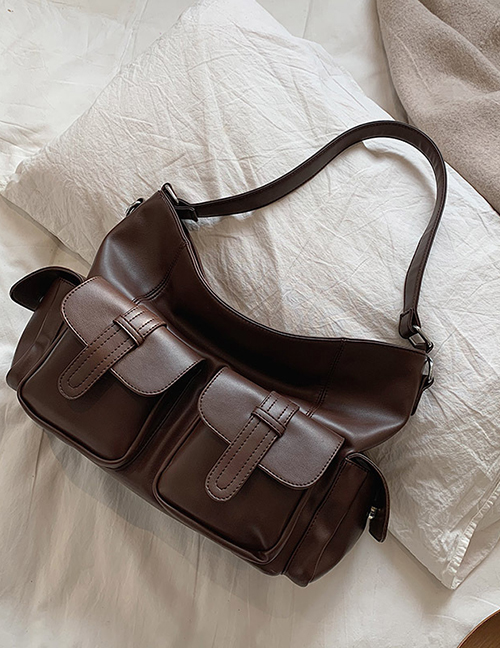 Fashion Brown Pu Multi-pocket Large Capacity Shoulder Bag