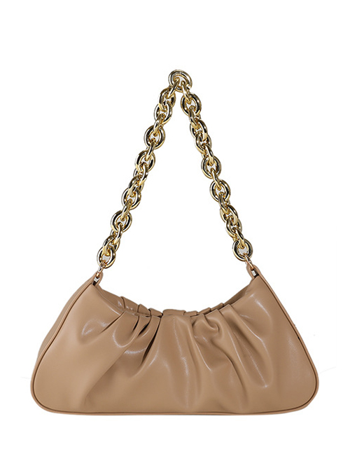 Fashion Khaki Pu Crinkled Large Capacity Chain Shoulder Bag