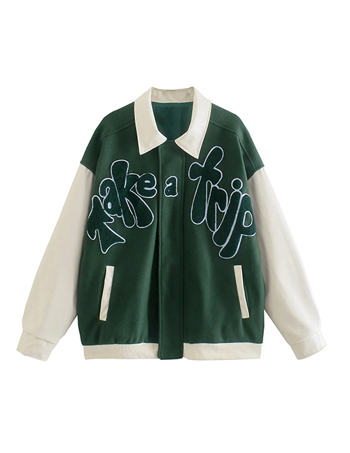Fashion Green Flocked Panel Embroidered Baseball Jacket