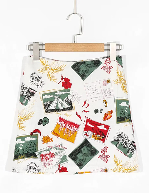 Fashion Color Linen Print Skirt