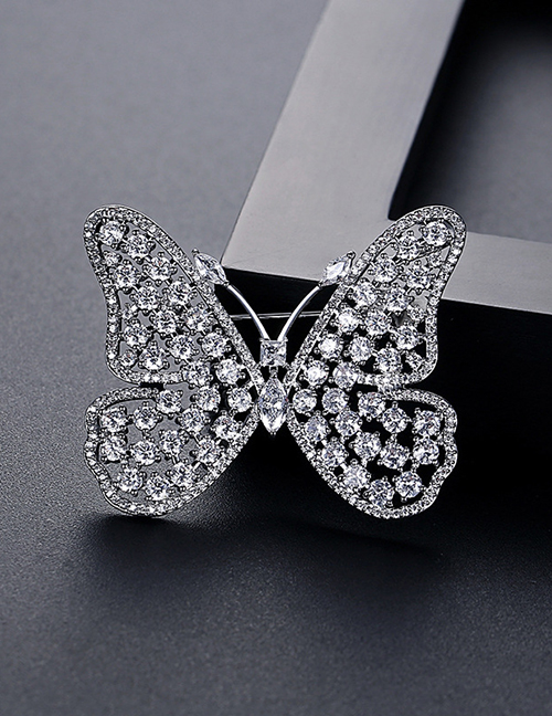 Fashion White Gold Brass Diamond Butterfly Brooch