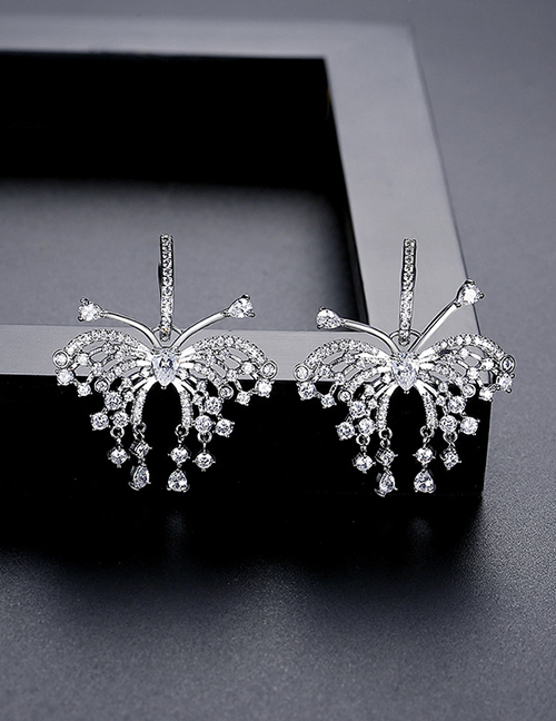 Fashion White Gold Brass Microset Zirconium Butterfly Stud Earrings