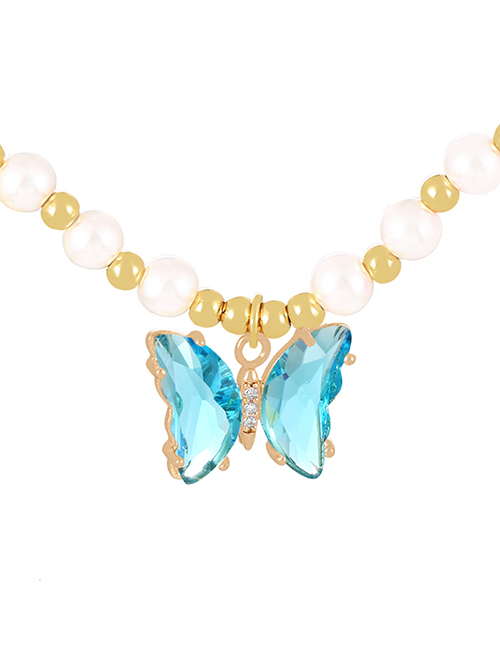 Fashion Light Blue Bronze Zirconium Pearl Beaded Butterfly Pendant Necklace