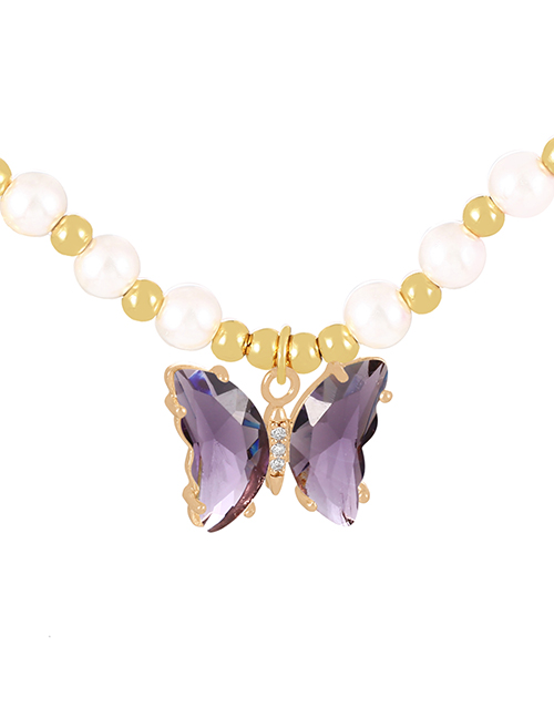 Fashion Purple Bronze Zirconium Pearl Beaded Butterfly Pendant Necklace