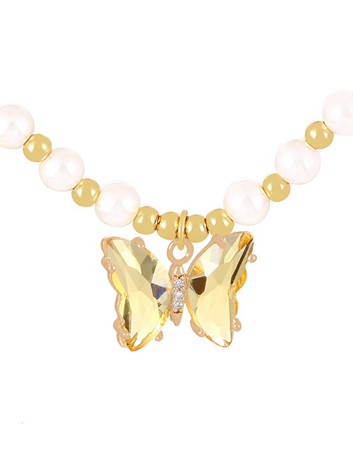 Fashion Yellow Bronze Zirconium Pearl Beaded Butterfly Pendant Necklace