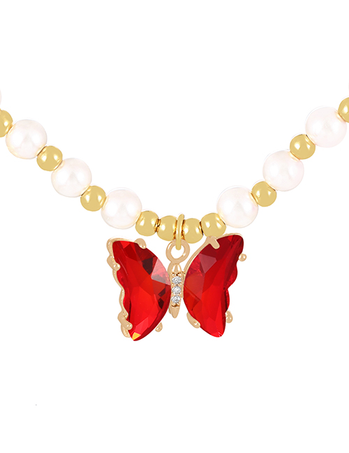 Fashion Red Bronze Zirconium Pearl Beaded Butterfly Pendant Necklace