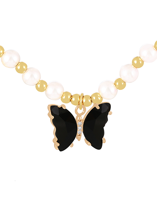 Fashion Black Bronze Zirconium Pearl Beaded Butterfly Pendant Necklace