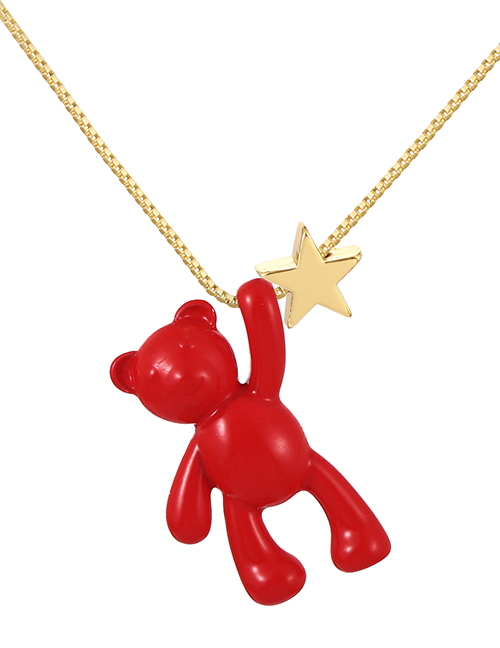 Fashion Red Copper Drop Oil Bear Pentagram Pendant Necklace