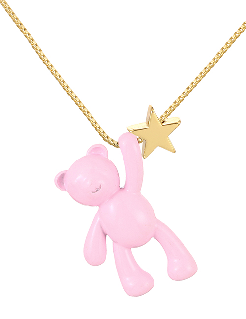 Fashion Light Pink Copper Drop Oil Bear Pentagram Pendant Necklace