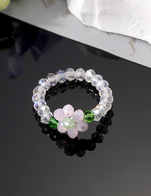 Fashion Pink Flower Transparent Elastic Ring Clear Crystal Beaded Flower Ring