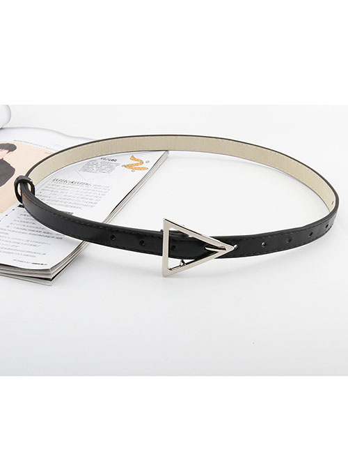 Fashion 1.8 Oil Leather Silver Triangle Buckle (black) Faux Leather Triangle Buckle Thin Belt