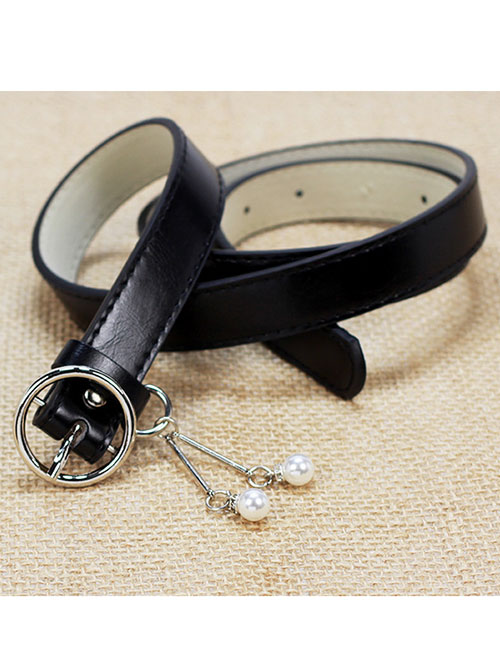 Fashion Small Pearl Black Faux Leather Pearl Loop Wide Belt