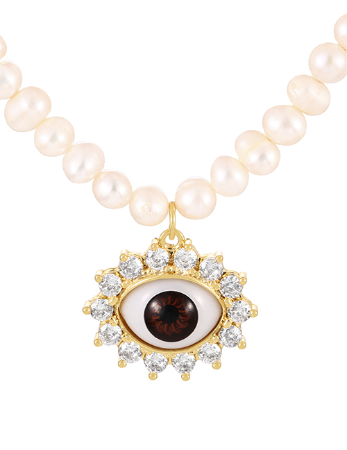 Fashion Red-brown Bronze Zirconium Eye Pendant Pearl Beaded Necklace