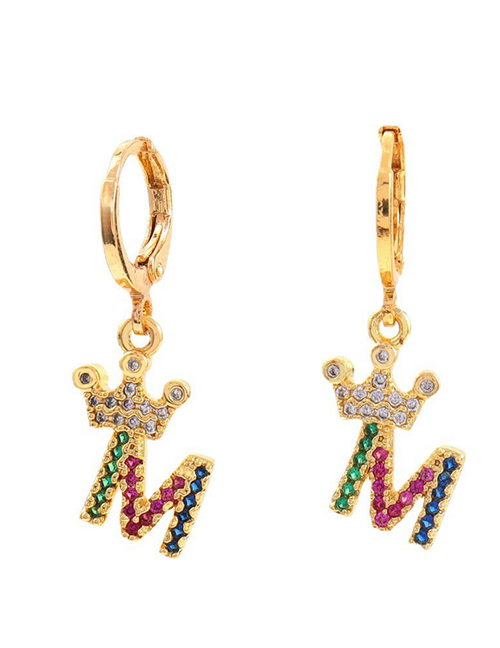 Fashion M Brass Diamond Crown Letter Earrings