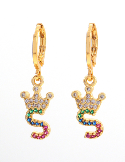Fashion S Brass Diamond Crown Letter Earrings