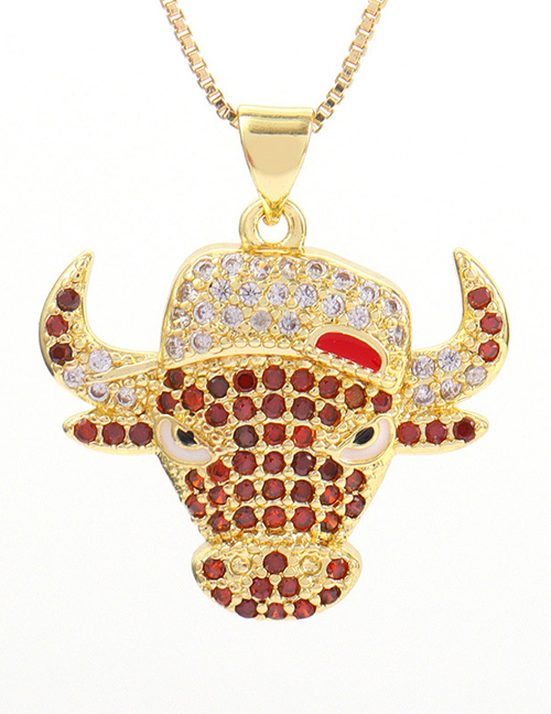 Fashion Red Brass Gold Plated Zirconium Bull Head Necklace