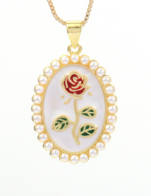 Fashion 2# Brass Gold Plated Oval Necklace With Pearl Drop Oil Rose