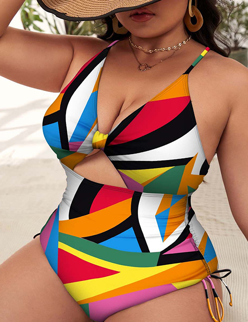 Fashion Color Polyester Print Cutout V-neck One Piece Swimsuit