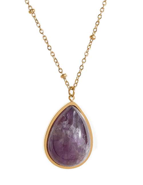Fashion Purple Natural Stone Titanium Steel Gold Plated Drop Shape Semi-precious Necklace