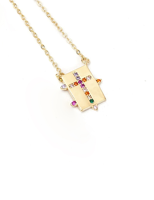 Fashion Golden-cross Titanium Diamond Cross Square Necklace