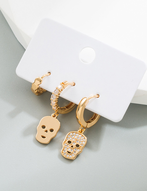 Fashion Human Face Copper And Diamond Skull Earrings Set