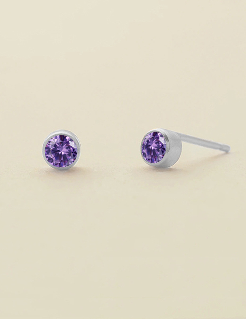 Fashion June Purple-steel Titanium Gold Plated Diamond Round Stud Earrings