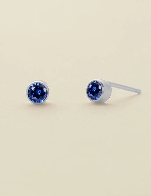 Fashion September Sapphire Blue-steel Color Titanium Gold Plated Diamond Round Stud Earrings