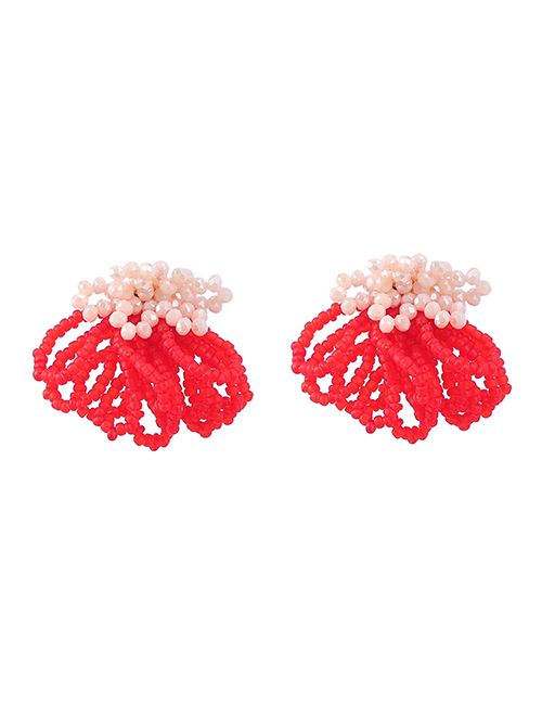 Fashion Red Resin Multilayer Rice Bead Braided Flower Stud Earrings