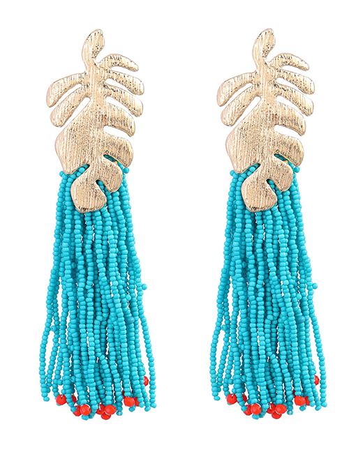 Fashion Blue Alloy Rice Beads Tassel Leaf Earrings