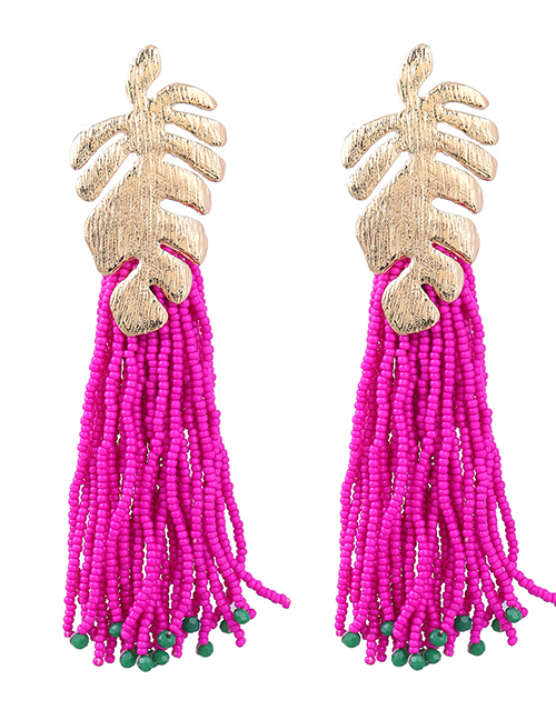 Fashion Rose Red Alloy Rice Beads Tassel Leaf Earrings