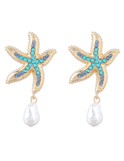 Fashion Blue Alloy Diamond Starfish Pearl Stud Earrings