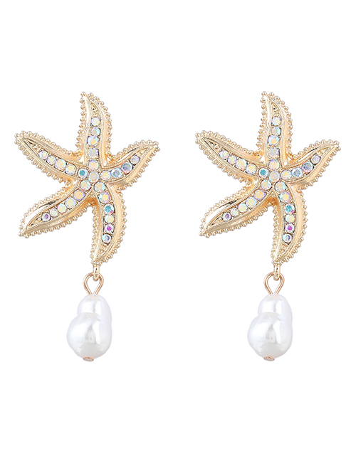 Fashion Ab Color Alloy Diamond Starfish Pearl Stud Earrings