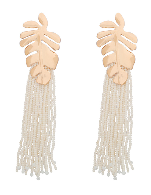 Fashion White Alloy Long Rice Beads Tassel Leaf Earrings