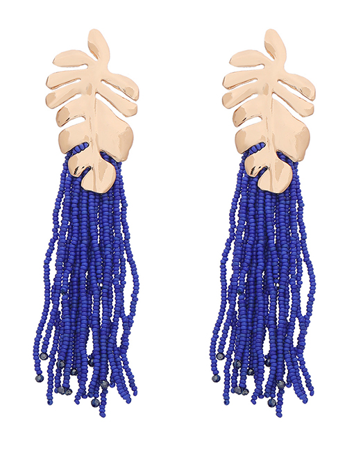 Fashion Blue Alloy Long Rice Beads Tassel Leaf Earrings